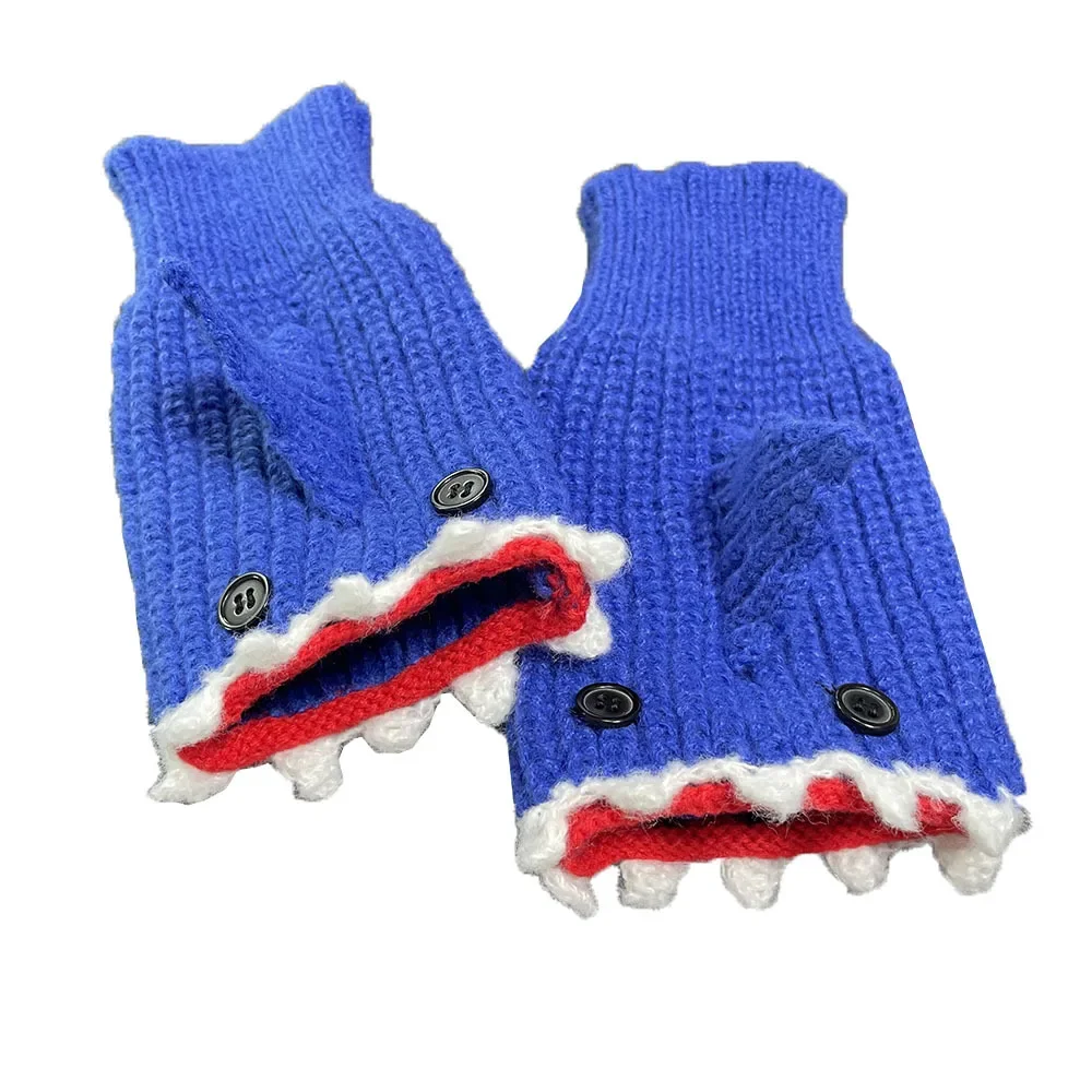 New 3D Cartoon Half Finger Gloves Shark Fish Knitted Glove Cute Novelty Unisex Winter Warm Men Women Xmas Gift Christmas Guantes