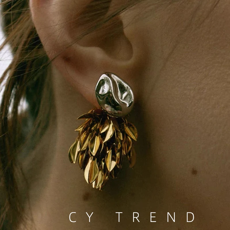 Earrings gold and silver two-color fringed leaves, a two-wear earring in summer