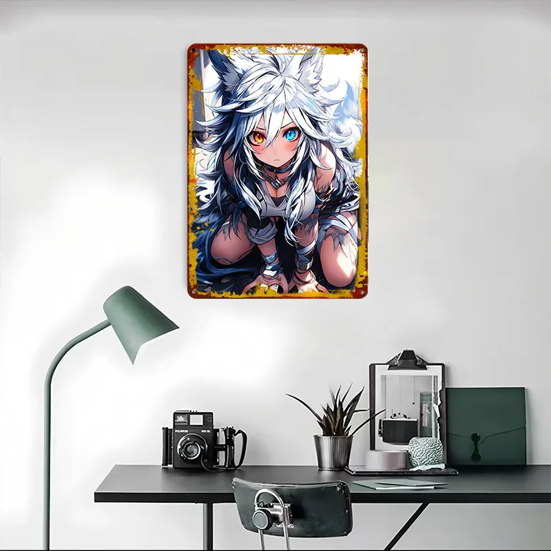 القطب الشمالي Foxgirl المشارك أنيمي جدار الفن الرجعية المعادن تسجيل الديكور غرفة نوم زينة مخصصة القصدير اللوحة للرجل الكهف ديكور #4