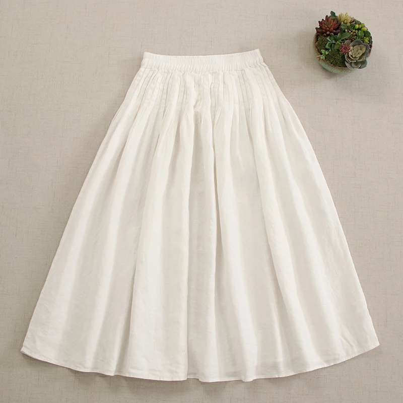 Spring New Japanese Mori Girl 100% Linen Drawstring Waist Skirt Women Solid Color Casual Loose Big Hem A-Line Skirt