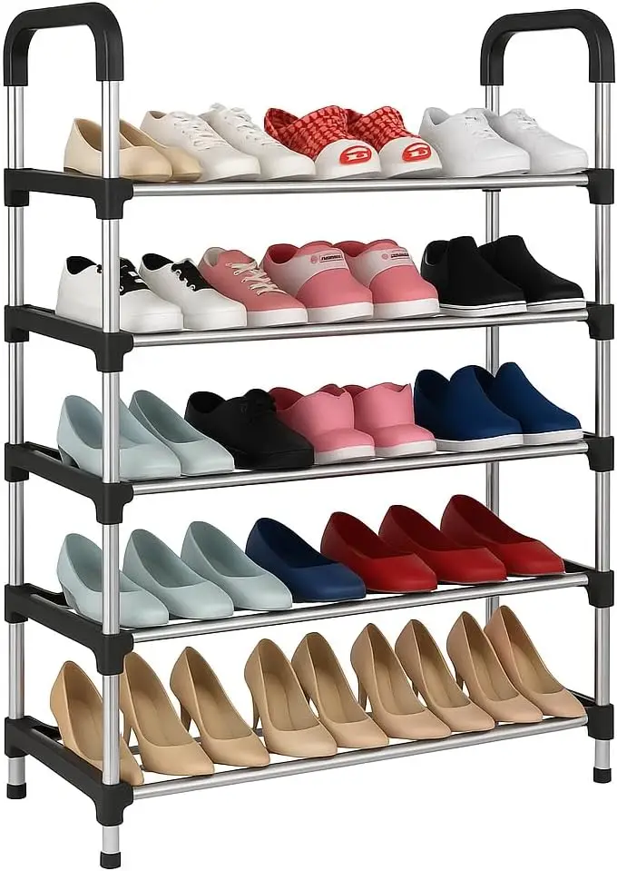 

5-уровневая штабелируемая полка для обуви Jazou — металлический органайзер, вместимость 25–30 пар, компактный дизайн, простая сборка, 39 x 22 x 10 дюймов