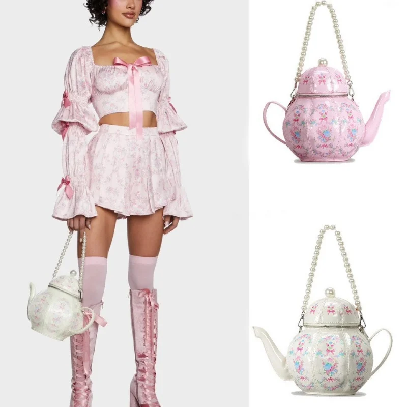 

Creative Vintage Printed Teapot Design Women Handbags Pearls Chains Shoulder Bag Designer Luxury Crossbody Bag Small Buckets Bag
