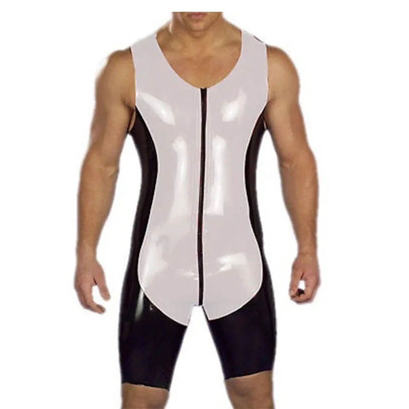 Latex Catsuit Handmade Black with White Front Zip Rubber Jumpsuit Bodysuit for Men Customize