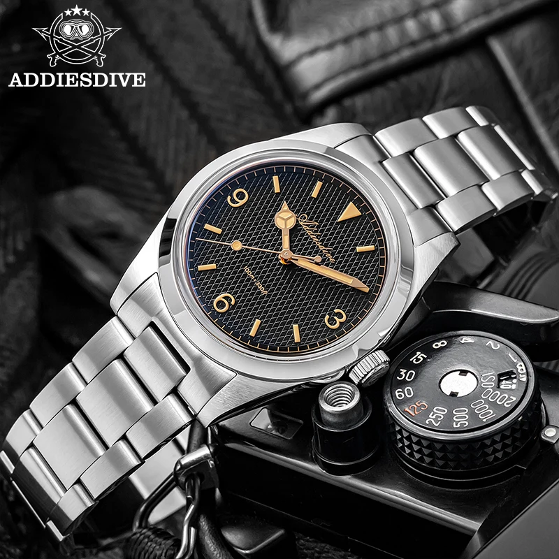 ADDIESDIVE New 36mm Luxury Quartz Watch Retro Domed Glass 100m Waterproodf Luminous 316L Stainless Steel VH31 Dress Wristwatch
