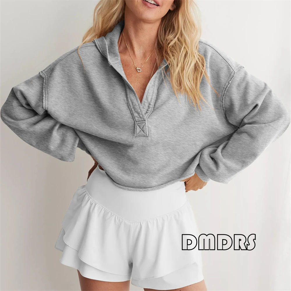 Fashionable Loose Hooded Sweatshirt for Women in Spring Autumn V Neck Pull Over S-XL Women's Oversize Knitted Hoodie