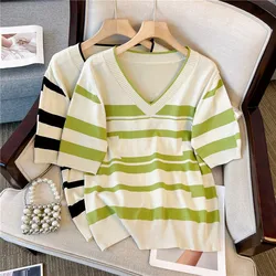 Robe Striped Knit Sweater Tshirt Women Tees Tops 2023 Summer Stylish Fashion Vintage Ladies Knitwear ShortSleeve Jumpers