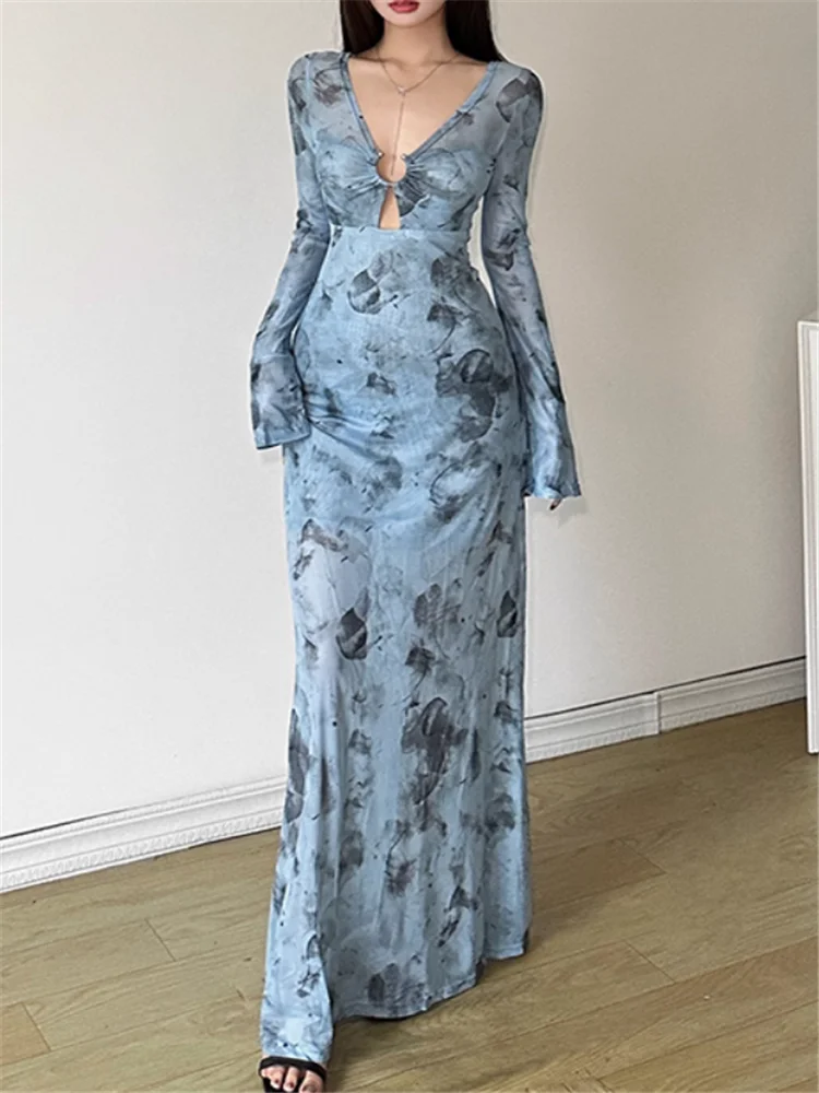 Sexy Black Deep V Neck Mesh Long Evening Party Dress 2025 Fall Winter Fashion Long Sleeve Hollow Out Sheer A Line Dress Vestidos