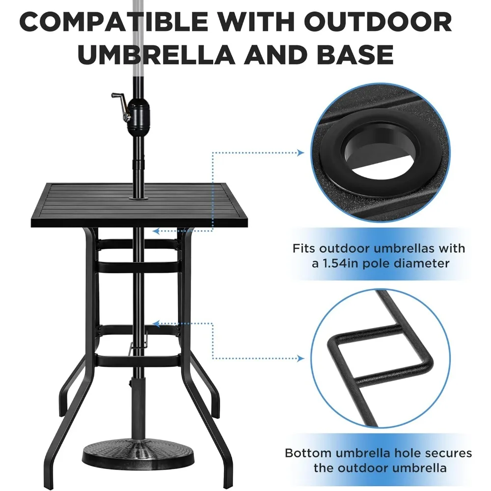Yaheetech Tavolo da bar per esterni, tavolo da bistrot quadrato da patio con foro per ombrellone e piano in metallo a doghe, mobili da esterno f