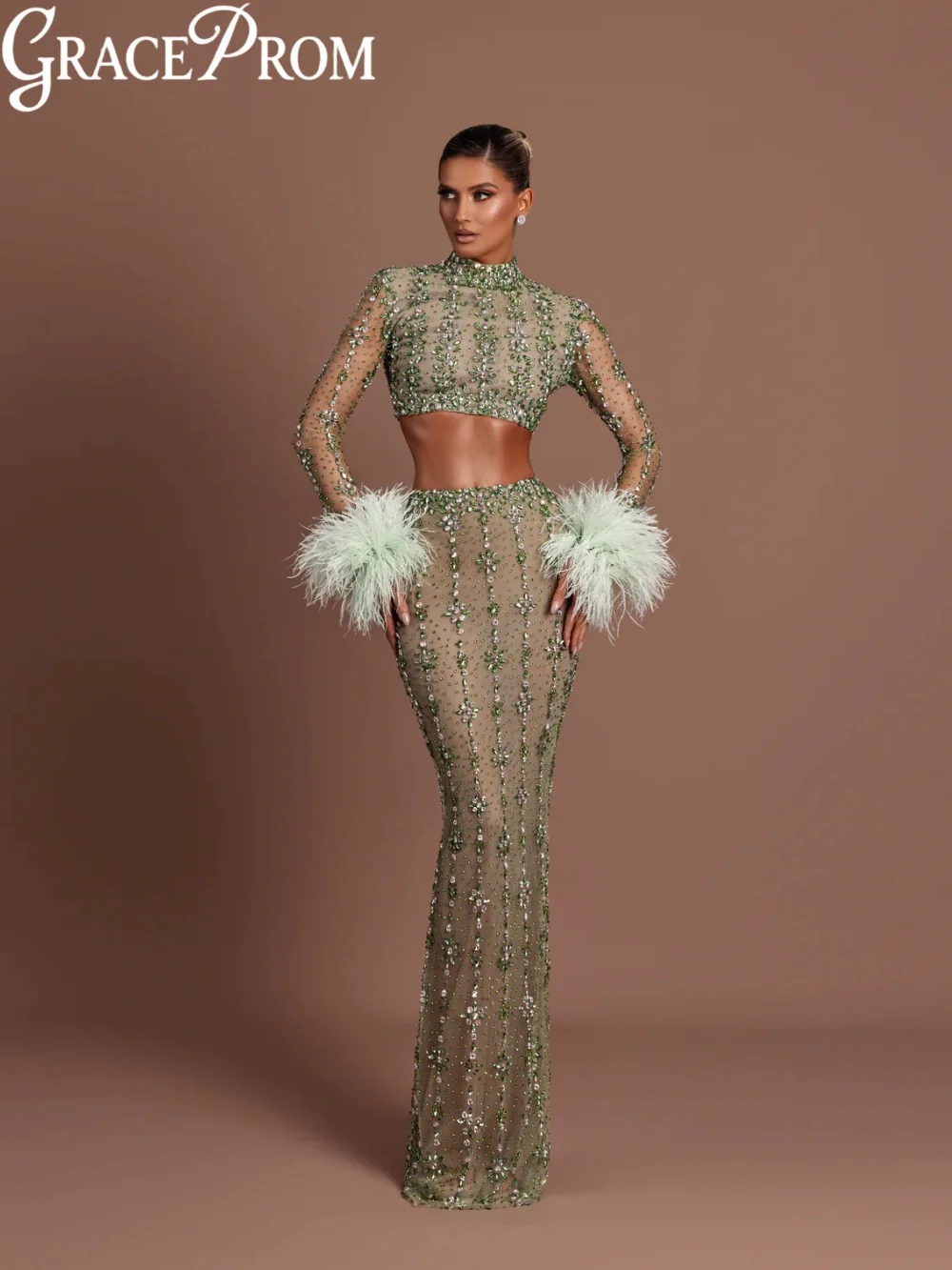 

Two Pieces Dazzling Crystal Evening Dress Feathered Sleeve Illusion Long Wedding Party Gown Customized Sheath Banquet Dresses