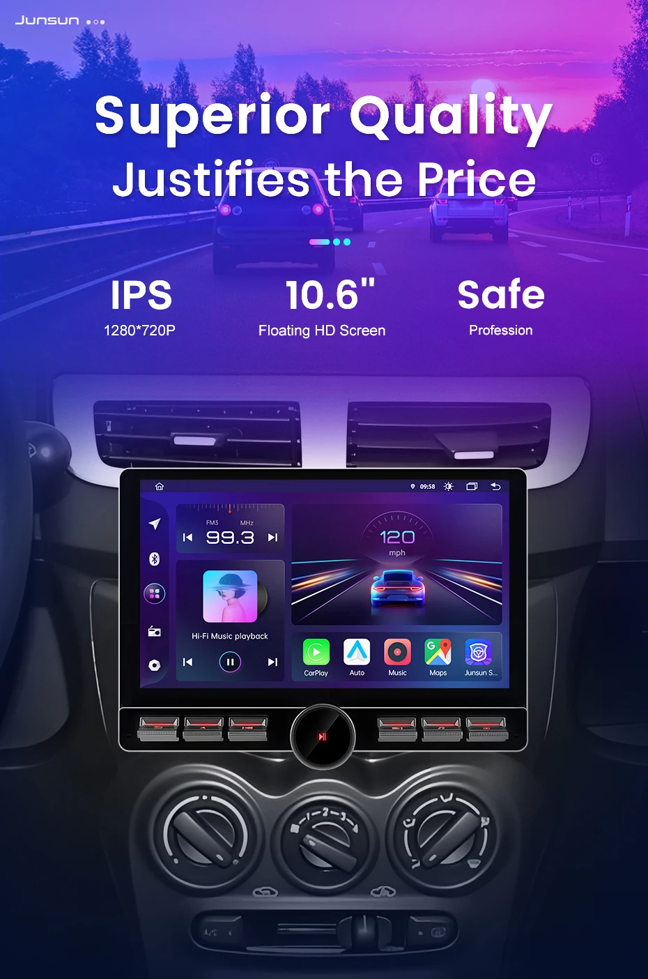 Junsun 10 Zoll drehbarer IPS-Touchscreen 1 Din Universal Wireless für Apple Carplay Android Auto Autoradio Androidauto Stereo Multimedia-Videoplayer Smart Intelligent Systems GPS-Navigation Head Unit Autoradio WIFI BT 4G WIFI FM AM DSP RDS SWC – Detail 1