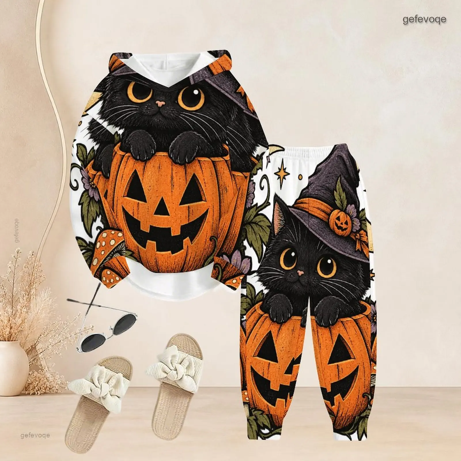 Women Printed Cartoon Ghost Duck Pumpkin Flower Hooded Long Sleeve Top And Cuffed Pants Two Piece Set