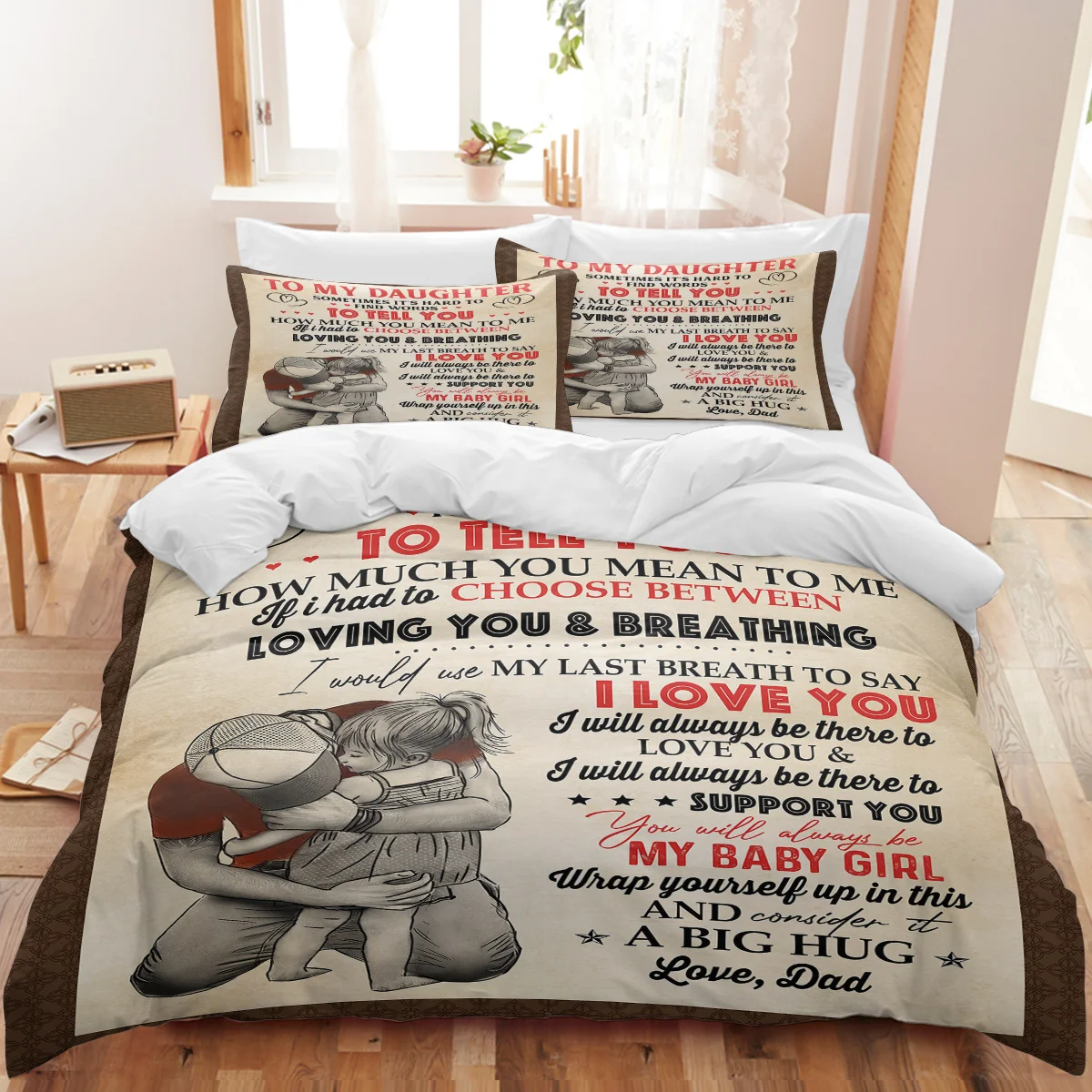 BeddingOutlet 3PCS To My Daughter Duvet Cover Set Warm Soft Love Hug Letter From Dad Bed Set with Zipper Closure for Boys Girls