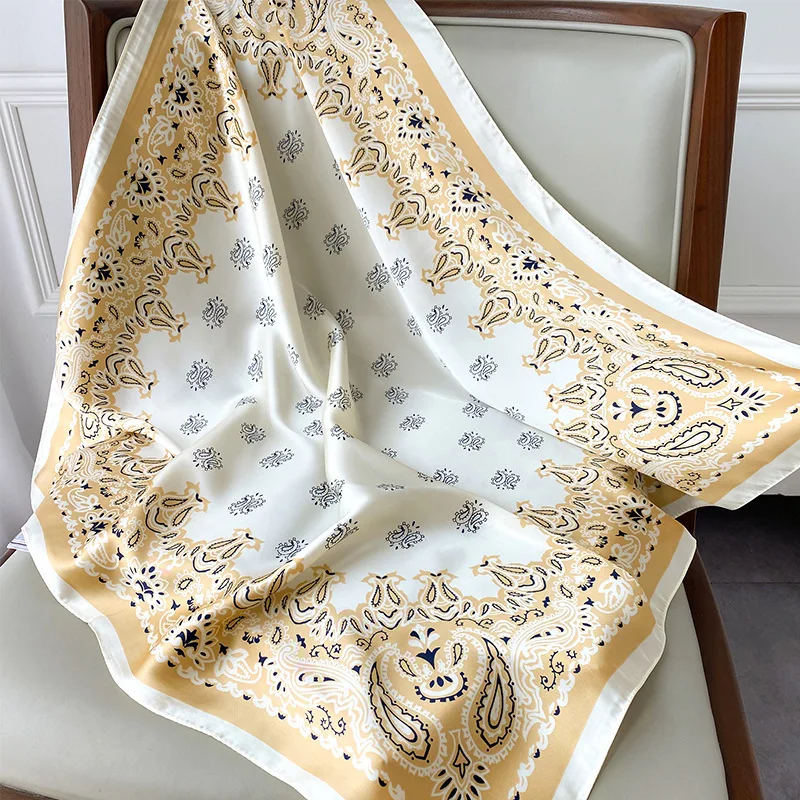 70 cm Luxus Druck Seide Quadrat Schal Frauen Hijab Haar Bands Halstuch Weibliche Satin Schal Band Stirnband Mode Wraps Bandana – Detail 3