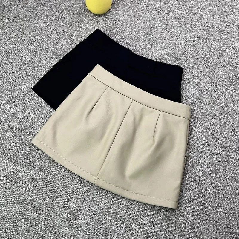 Khaki Mini Skirts for Women Korean High Waist Office Lady Casual A Line Skirts Fashion Loose All Match Solid Pockets Hip Skirts