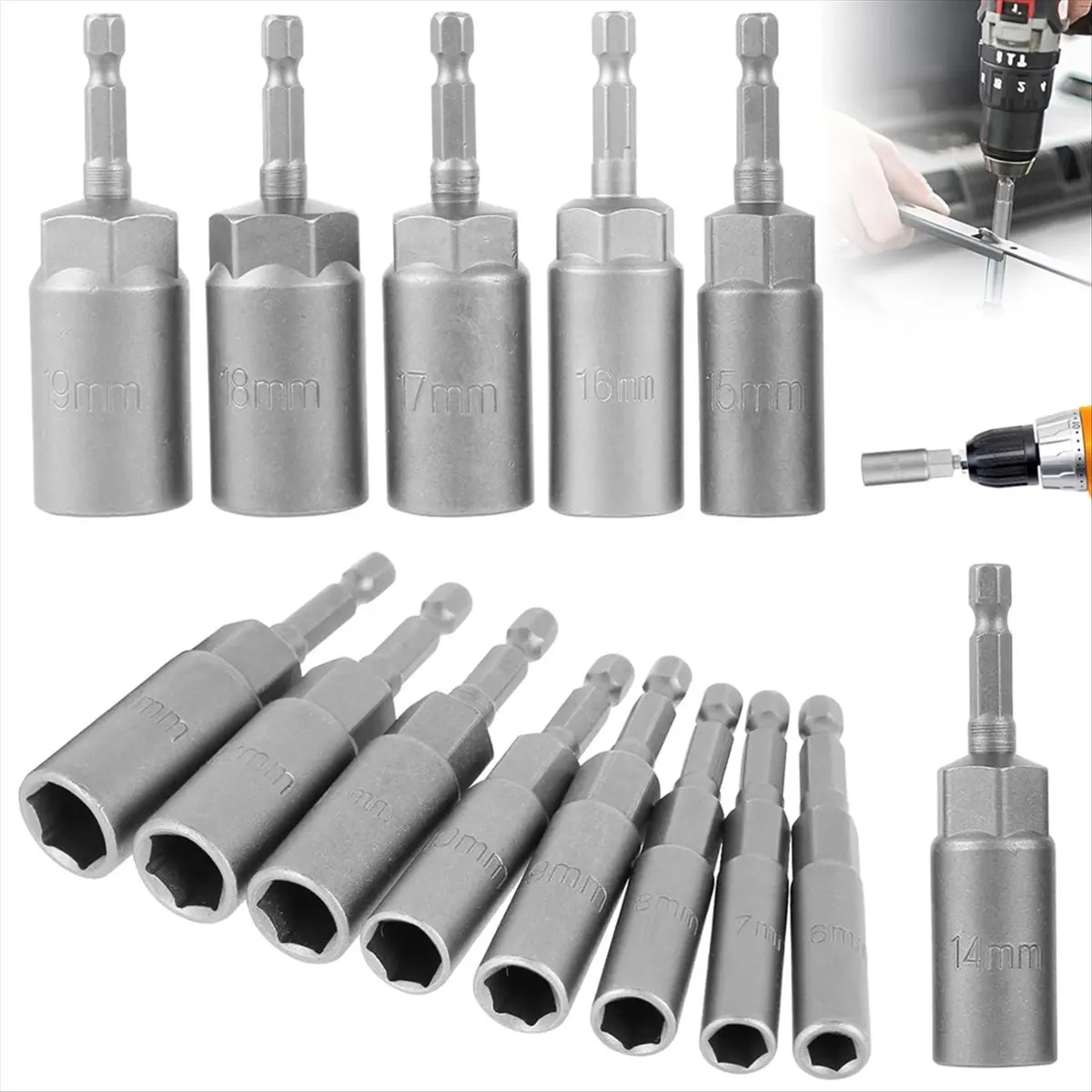 A78I 14Pcs Hexagonal Sockets Set, 6-19mm Deep Socket Adapter Kit Hex Shank Nut Driver Bits Set Quick Change Nut Setter