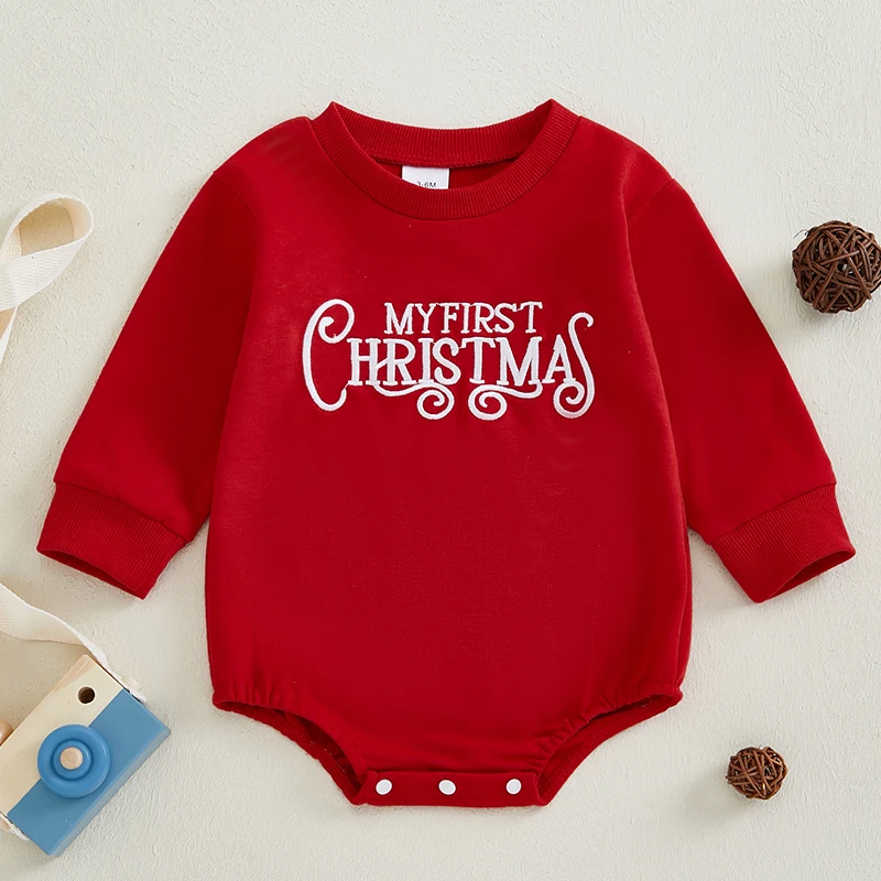 Baby Christmas Bubble Romper Letter Embroidery Long Sleeve Sweatshirt Jumpsuit for Boys Girls 0-18 Months