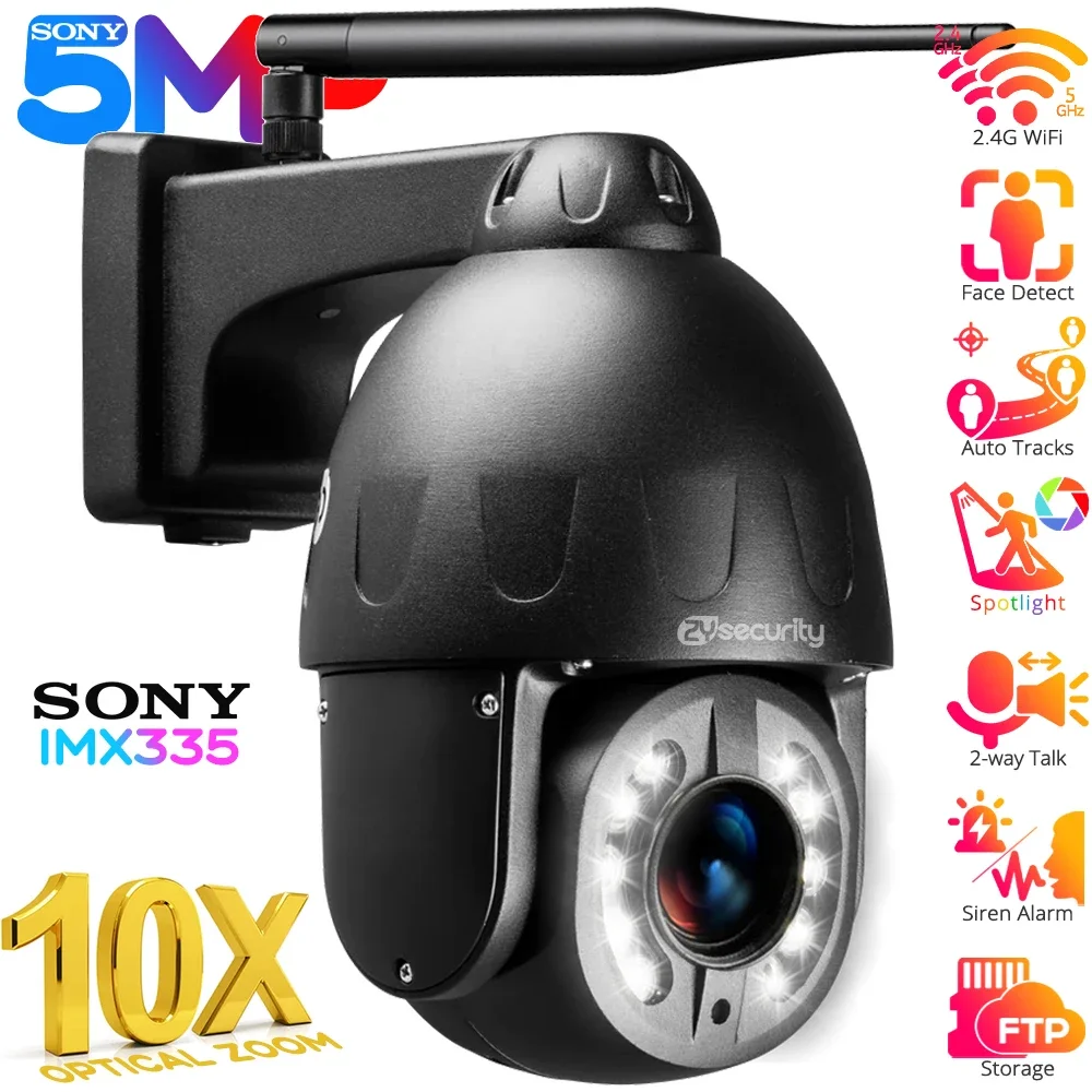 5MP 5X 10X Optical Zoom WiFi PTZ Camera Outdoor Sony335 Auto Tracks Speed Dome IP Camera Human Detect Color Night CCTV Cameras