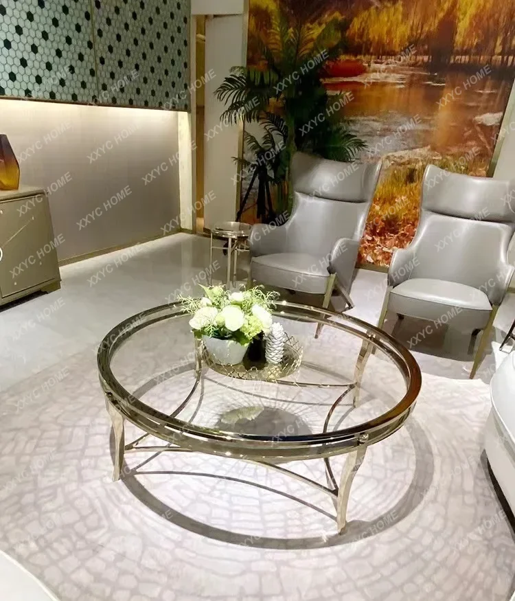 

light luxury living room round coffee table combination small apartment glass edge table