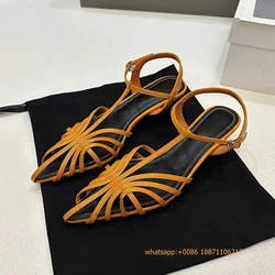 Braided Hollow Ladies Roman Sandals 2024 Summer New Genuine Leather Beach Thin Heels Solid Color Fashion Buckle Casual Sandals