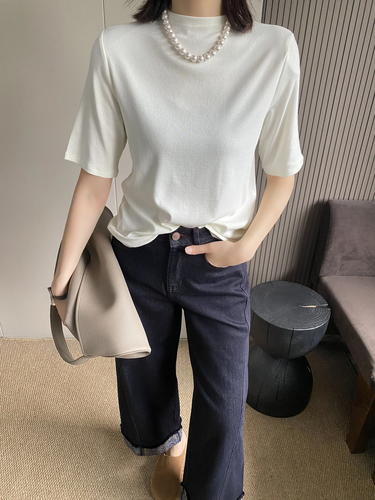 

Slim Fit mid Sve T-irt Women's Autumn New Sle Commute Sle f High Collar Base irt Five Sve Tops Ladies' Wear