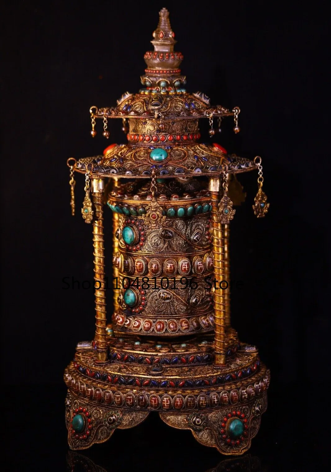 old Tibet Buddhism temple bronze Inlay shell gem DZi Warp wheel Prayer wheel