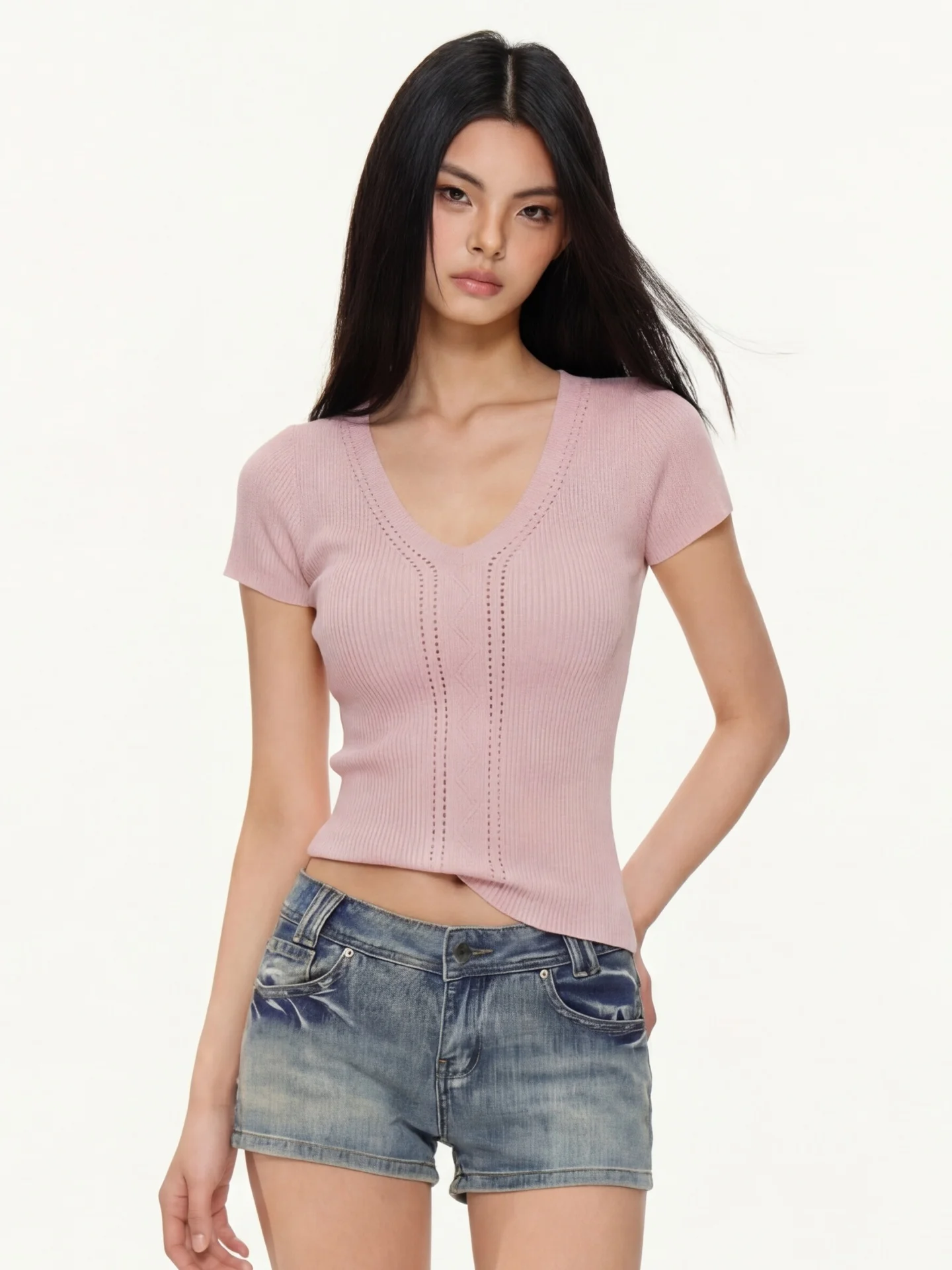 

Футболка Nova B Pure Desire Slim Fit с коротким рукавом, вязаная, с V-образным вырезом, в повседневном стиле, с ажурным двойным переплетением