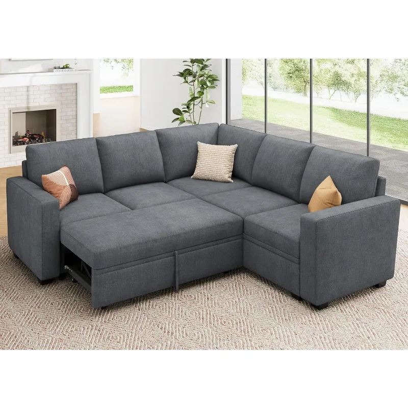 Modular Chenille Sleeper Sectional with Storage Bed, Bluish Grey