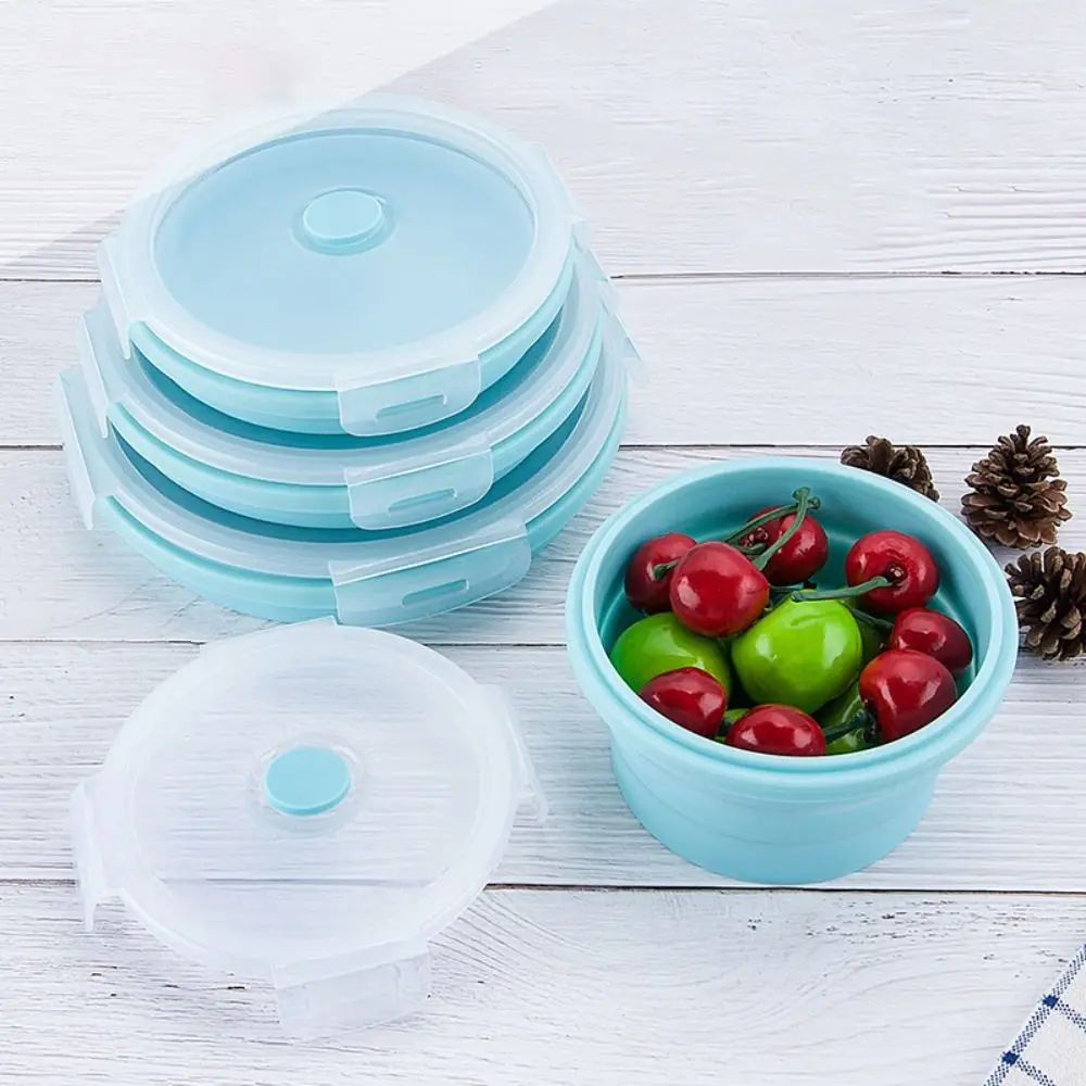 Round Silicone Folding Lunch Box Microwave Folding Bowl Portable Folding Food Container Box Salad Bowl With Lid