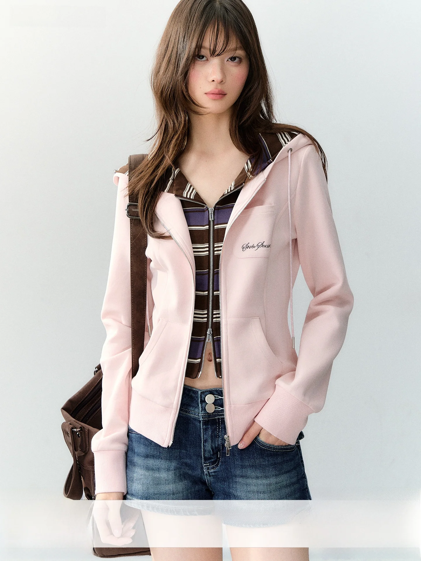 

Оригинальная корейская толстовка-худи Soote Season Milkake Pink Splice с эффектом двухслойности, приталенная, для девочек и женщин