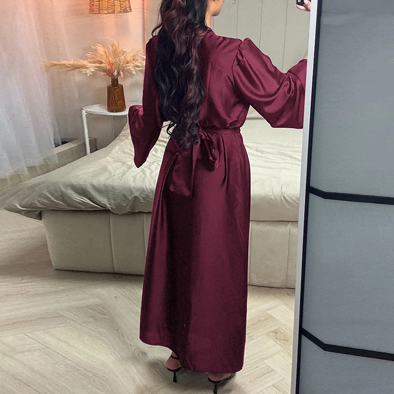 Sukienki na imprezę z wysokim stanem, zwiewne, eleganckie, z dekoltem typu O, z długim rękawem, satynowe, długie sukienki damskie, modne, z temperamentem, jednolite, 2026