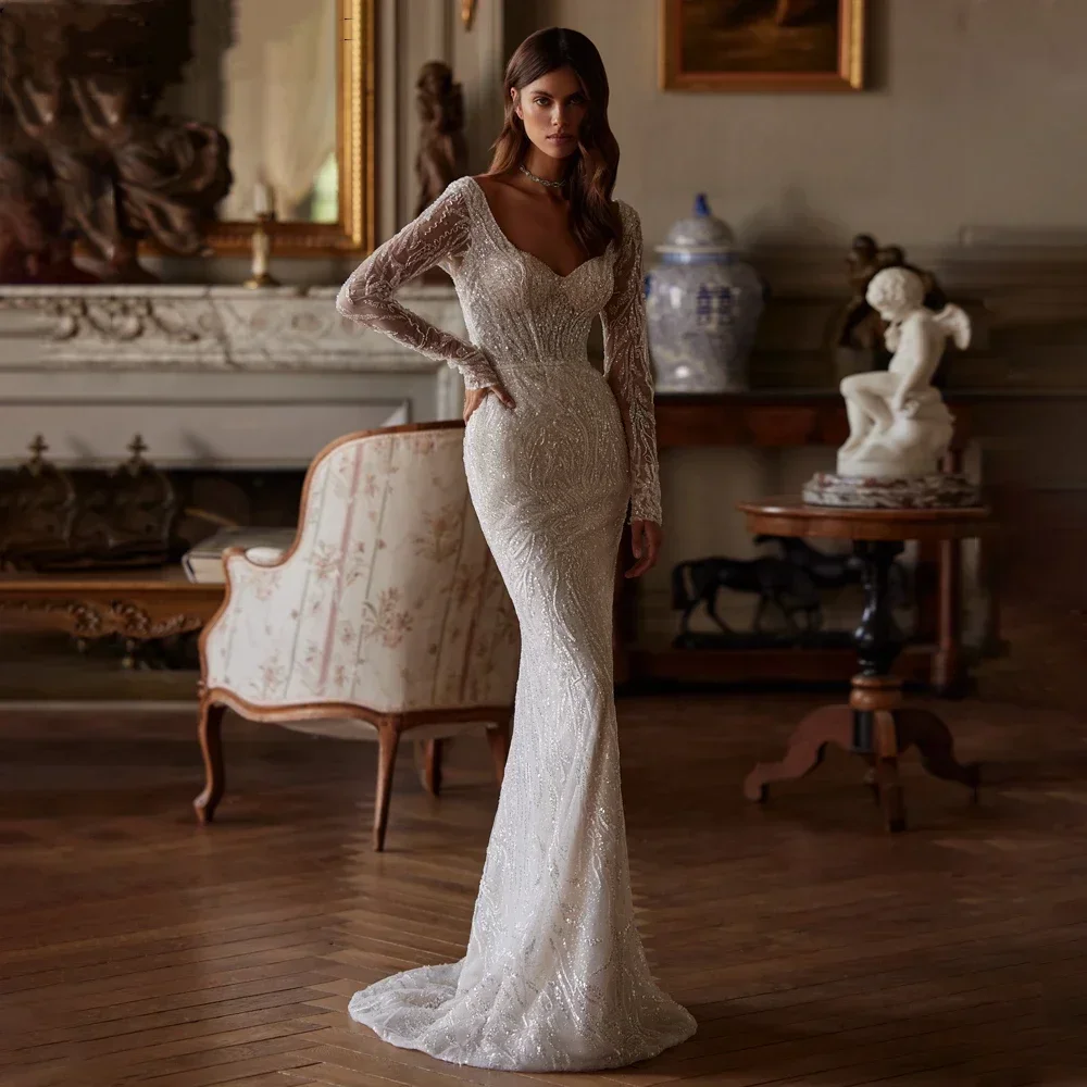 

Customized Shining Sequined Mermaid Wedding Dresses Long sleeves Women Bride Backless Party Gown Beaded Vestido De Novia Boda