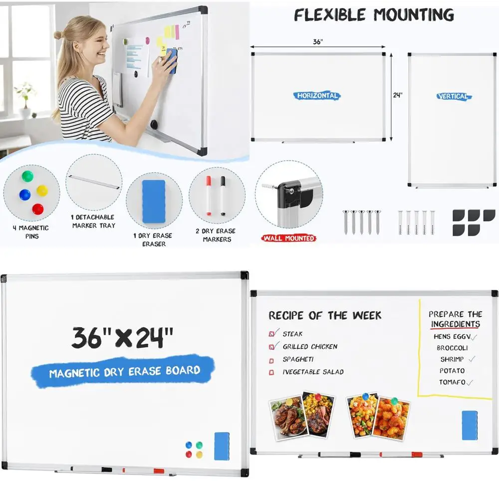 

24x36 Inch Magnetic Whiteboard with Dry Eraser, Multicolor Markers, and Magnetic Pins - Silver Frame for Office, Home, School Us