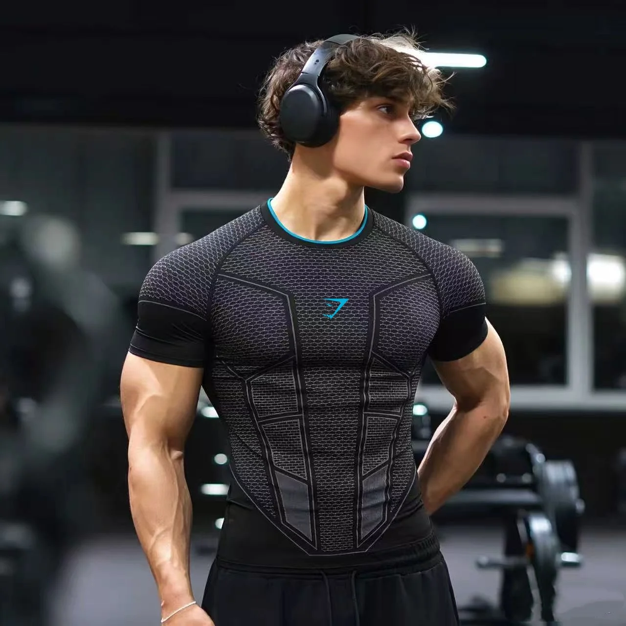 GYMSHARK ONYX V1 Men's Fitness Tight Top, GYMashaCK Fitness Sports Body Shaping T-shirt