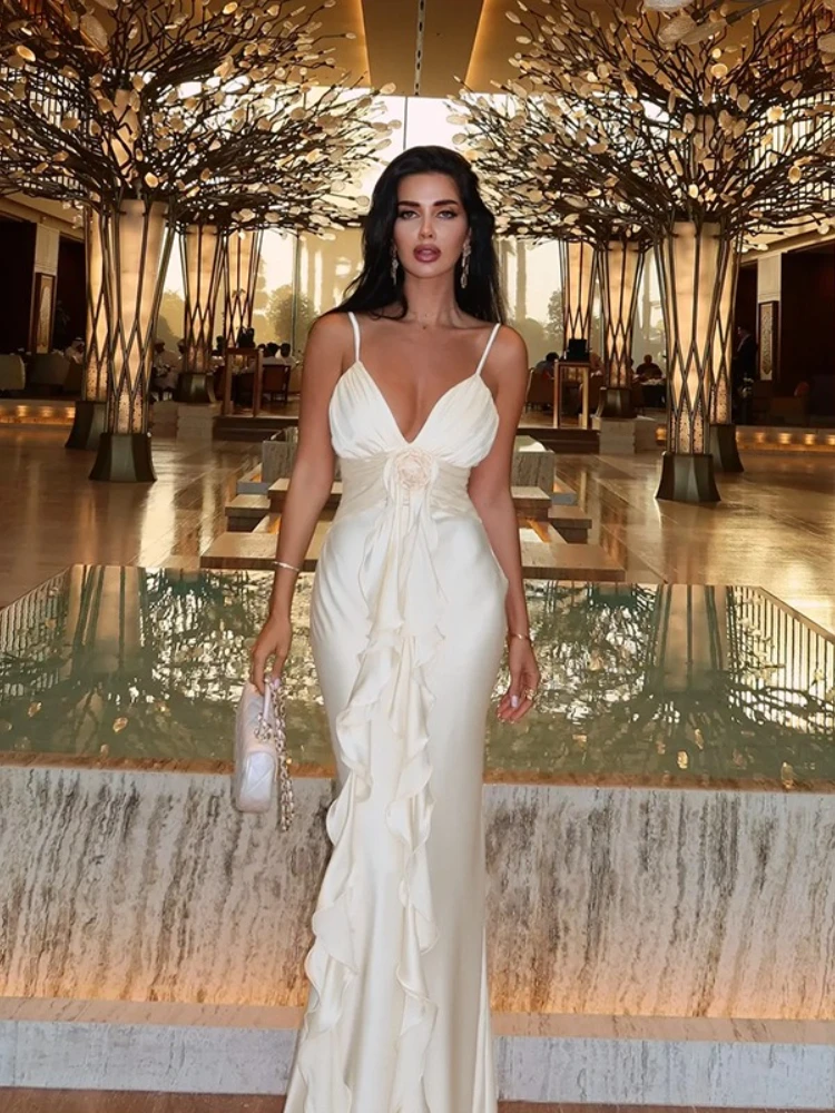 Robe en Satin à bretelles, Sexy, décolleté en v profond, élégante, ruban Floral, moulante, tenue de soirée, Clubwear, Maxi, robe de mariage pour femmes