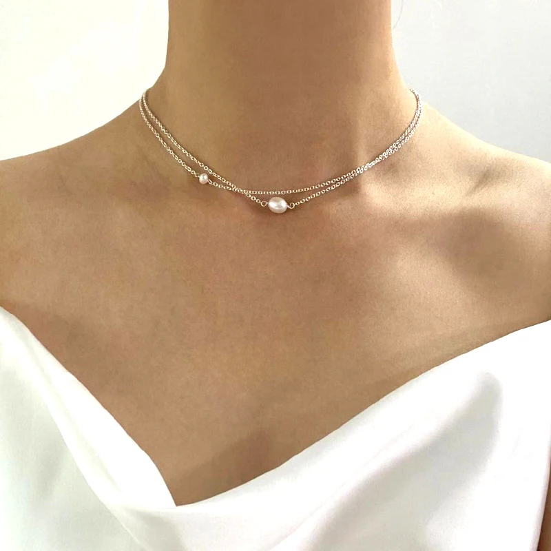 ASHIQI Natural Freshwater Pearl Double Necklace 925 Sterling Silver Chain for Women Female Pearl Choker Fashion Jewelry