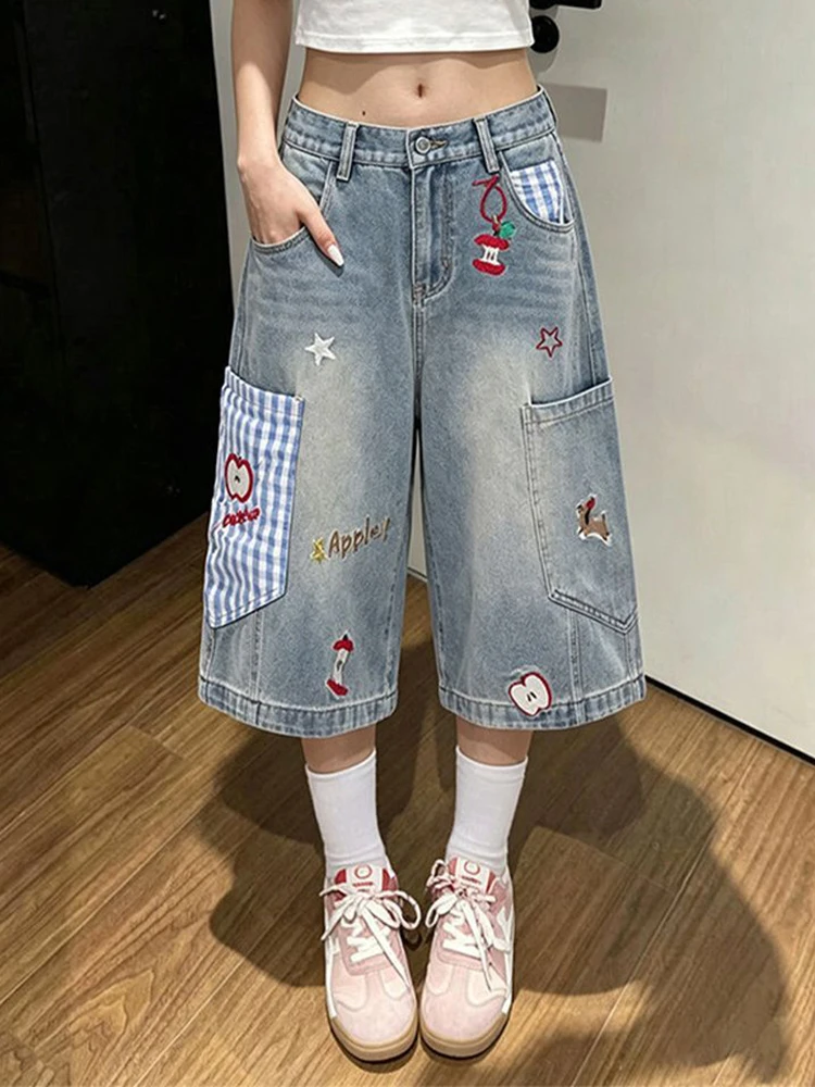 Apple plaid embroidered seven-point jeans women's summer thin lazy wide-leg straight tooling shorts trendy middle pants