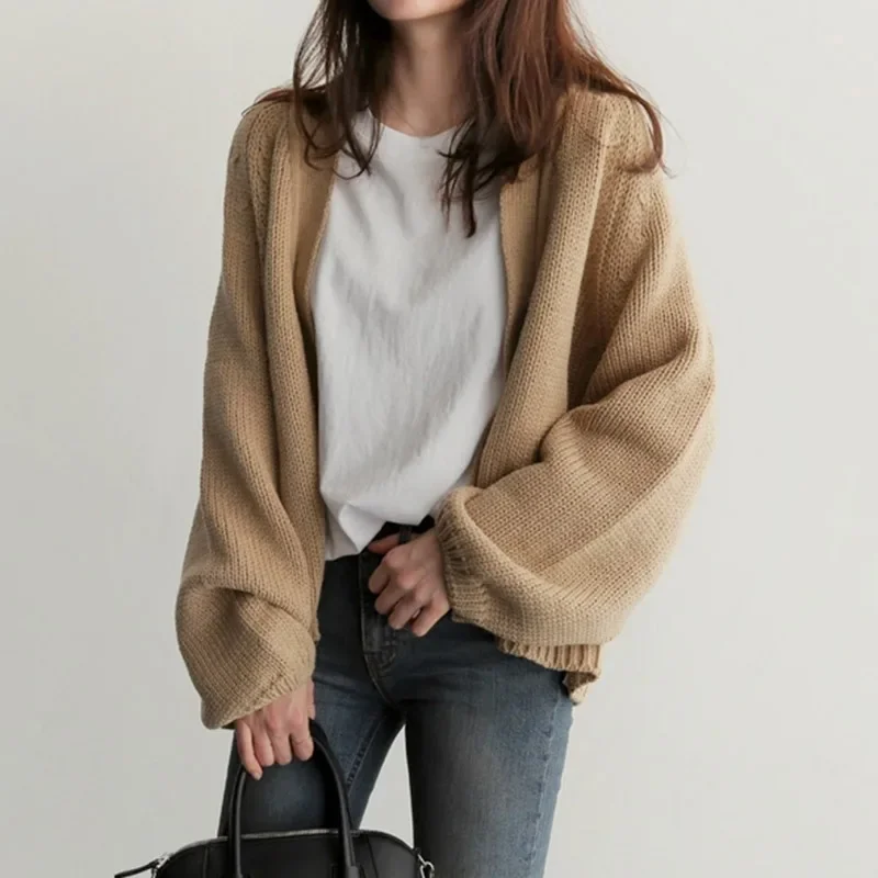 Autumn Winter Loose Women\'s Cardigan Jacket Solid Color Korean Version Fashion Casual Short Style Knitted Long-Sleeved Cardigan