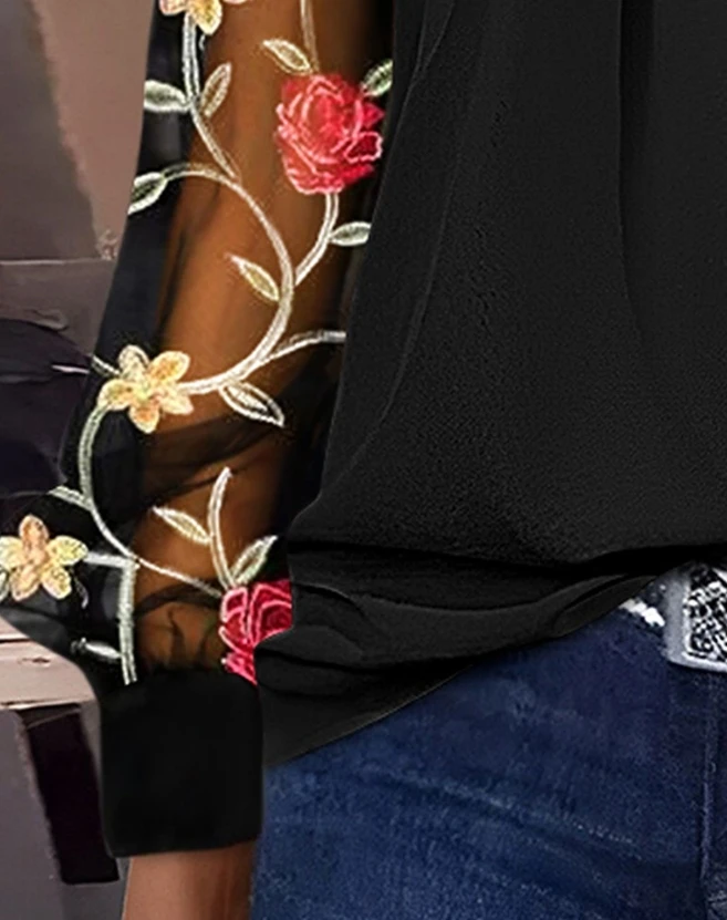 Women's Blouse 2024 Spring Floral Embroidery Ruched Long Sleeve Top O-Neck Sheer Mesh Patchwork Top Shirts for Women Pullover