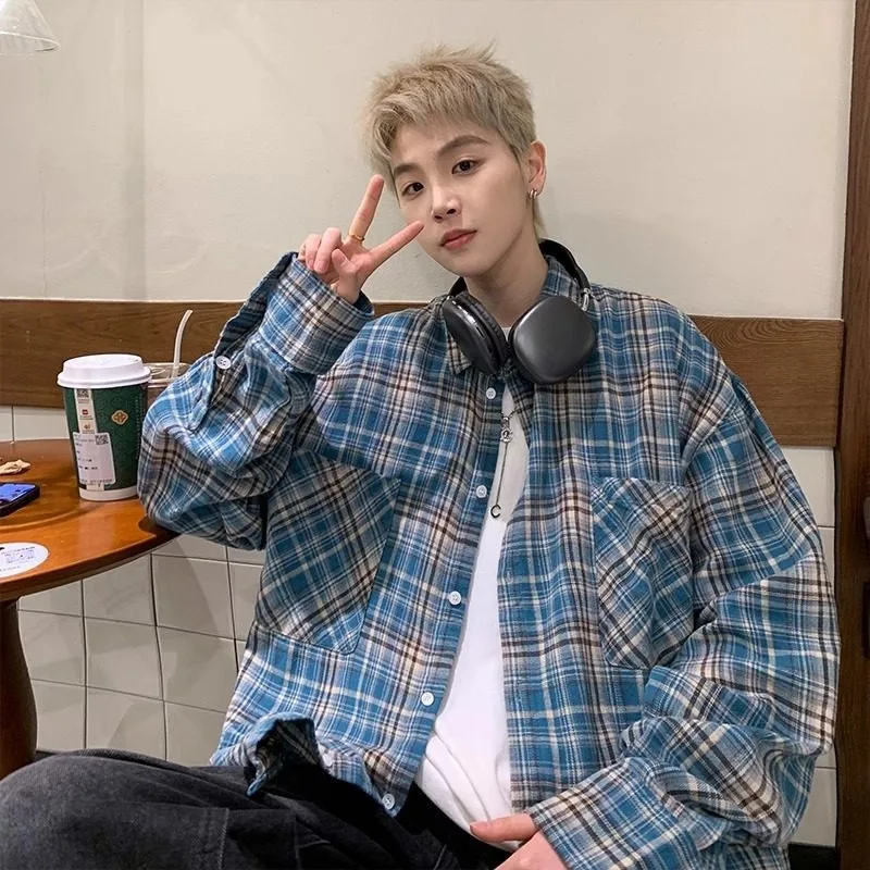 Men's Oversized Blue Check Shirt Long Sleeve Casual Streetwear Button Down Top