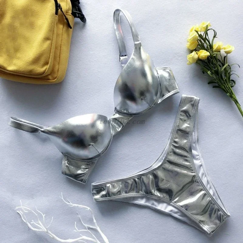 여성 섹시한 2 조각 브라질 비키니 세트 반사 반짝 이는 메탈릭 수영복은 Underwire 하이 컷 수영복 비치웨어를 밀어
