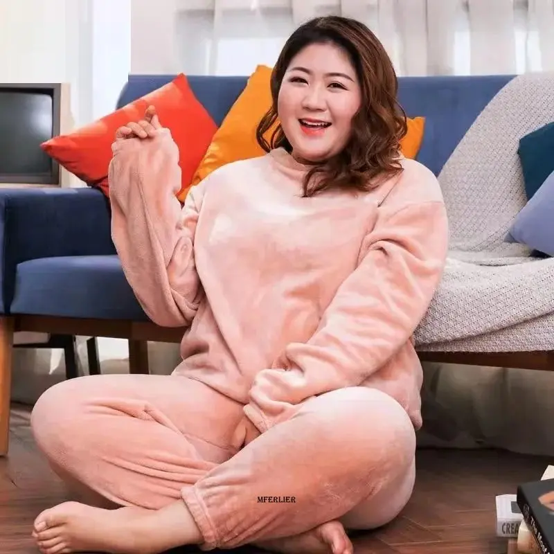 Plus Size 6XL Women 140kg Winter Warm Coral Fleece Pajamas Sets Long Sleeve Top Pants Suit Sleepwear Female Flannel Sleepwear