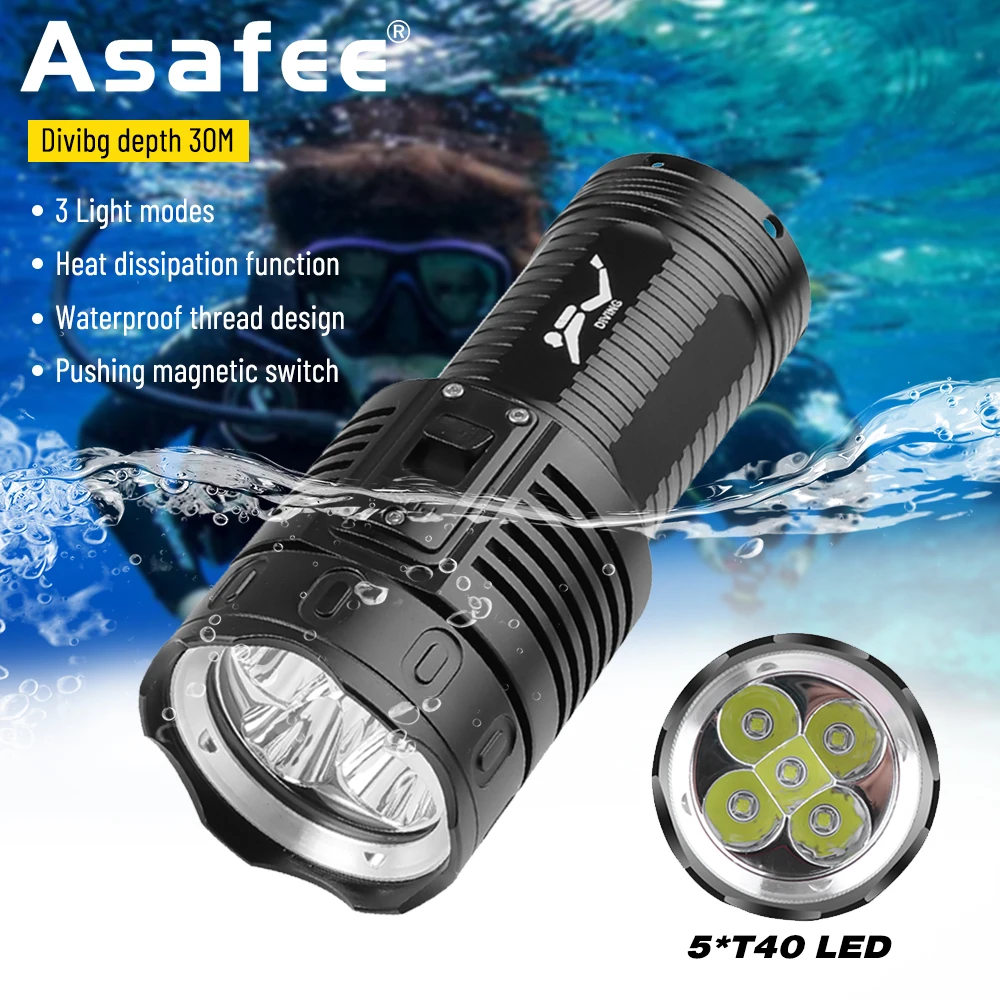 Asafee 30M Underwater 5*T40 LED 3000LM Diving Flashlight 200M Range Torch IPX8 Waterproof Scuba Lantern Magnetic Switch