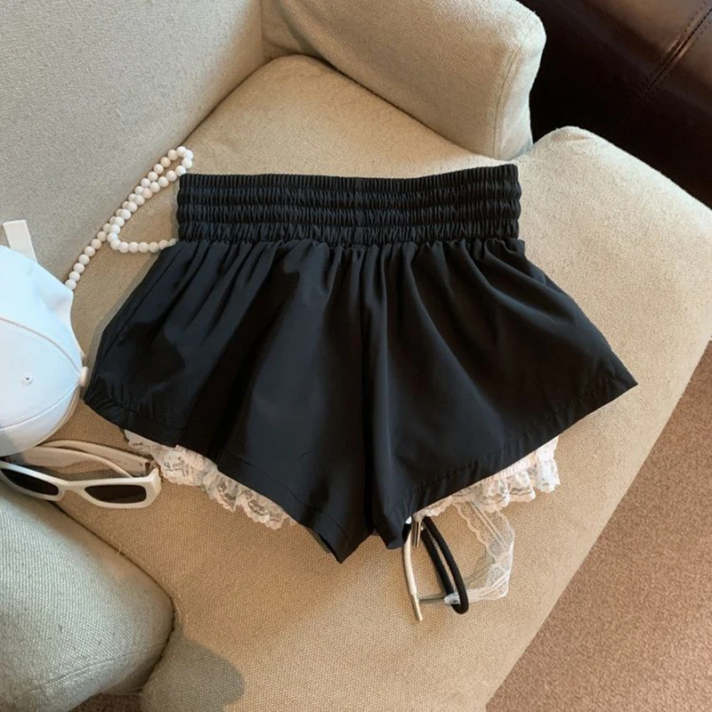레이스 패치워크 여성 와이드 레그 숏 패션 하이웨이스트 멀티 레이어 시크 숏 스커트 여름 스트릿웨어 핫걸 미니 팬츠