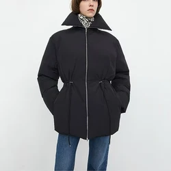 Women's Black Drawstring Waisted Standing Collar Down Coat, Fashionable Versatile Warm Long Jacket Coat, Winter, New, 2024, y2k