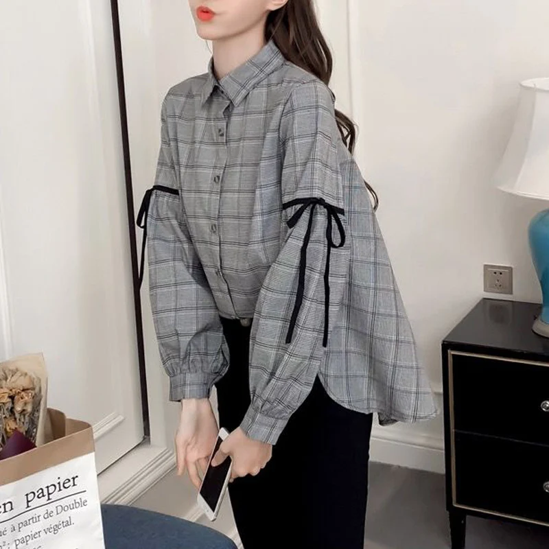 Women Vintage Plaid Print Bow Chic Harajuku Fashion Korean Blouse Autumn Casual Long Sleeve Loose Street Shirts Clothing Blusas