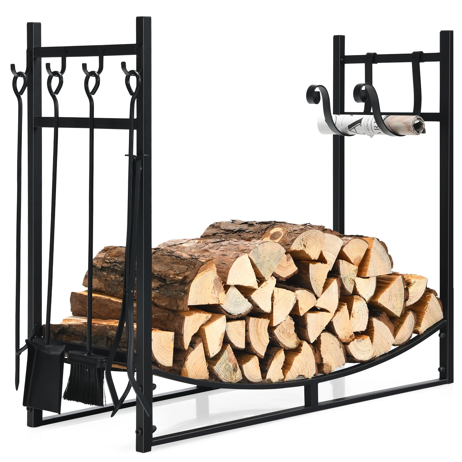Fireplace Wood Shelf with 4 Fireplace cutlery & Firewood Bracks, Indoor & Outdoor Firewood Shelf Metal Firewood Shelf