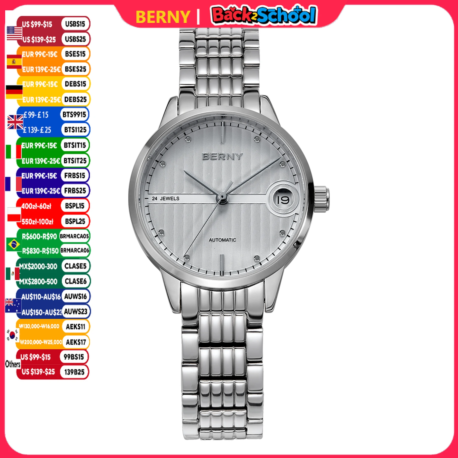 BERNY Automatic Watch for Women Elegant Luxury Brand Self-wind Mechanical Ladies Dress Wristwatch Sapphire S/S Miyota 9015 5ATM