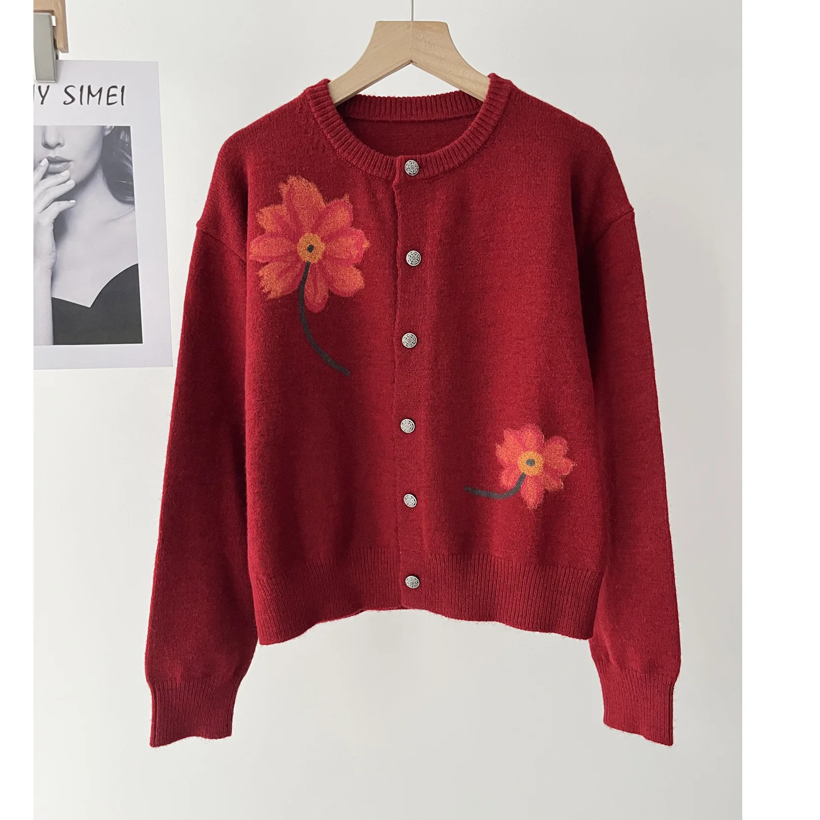 Literary fresh wind bouquet jacquard red knitted cardigan women's sweater autumn and winter 51c-5985