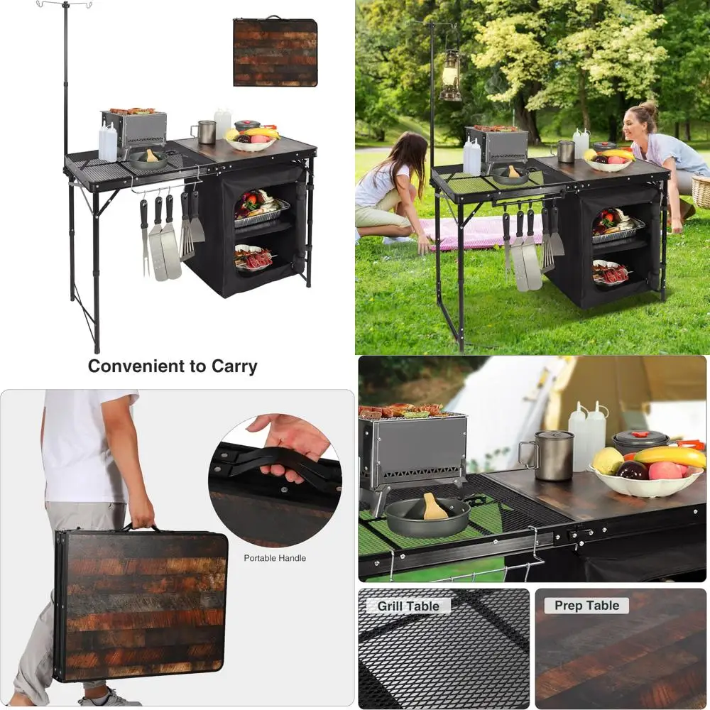 

Портативный складной кухонный стол для кемпинга с органайзером для хранения и телескопической подставкой для освещения, 4-футовый уличный стол-гриль для Ultimate