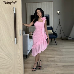 Thinyfull Mermaid Chiffon Dubai Prom Dress One Shoulder Sleeveless Ruffles Evening Party Gown Tea-length Special Occasion Dress